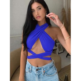 ZAFUL Womens Ribbed Halter Crop Top Ruched Lace-up Cropped Cami Bandana Top Criss Cross Wrap Print Tank Top