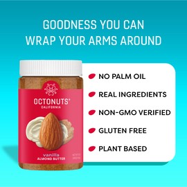 Octonuts Dry Roasted Roasted Vanilla Almond Nut Butter 16oz - Pure Creamy Nut Butter - Heart Healthy and Delicious Foods - Gluten Free, Vegan, Kosher, Non-GMO Nut Butters