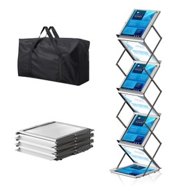 Brochure Display Stand - 6 Pockets Magazine Rack, Foldable Aluminum Brochure Catalog Literature Display Stand with Carrying Bag for Exhibition, Trade Show, Office, Retail Store