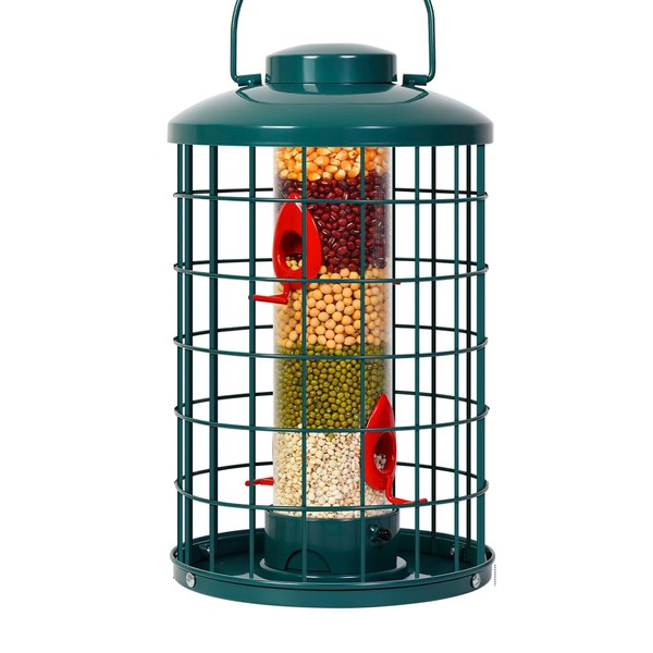 Mosloly Caged Bird Feeder for Wild Birds Outside, Large Squirrel-Proof Heavy-Duty Metal Hanging Tube Bird Feeder, 4 Feeding Ports, 13.2'' High, 3LB Seed Capacity (Green)