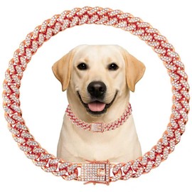 Dog Collar Cuban Link Rose Glod Crystal Dog Necklace Metal Chain Collar with Design Secure Buckle Pet Collar Jewelry Accessories for Small Medium Large Dogs Cats(Rose Glod 8inch)