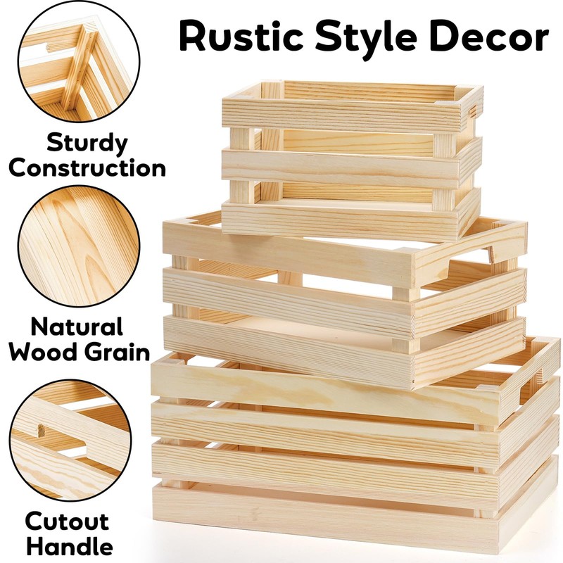 Youeon Set of 3 Rustic Wooden Nesting Crates with Handles,