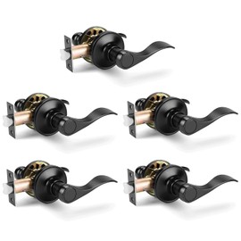Gobrico Matte Black Passage Door Lever Handles for Hall and Close, 5 Pack Interior Wave/Drop Style No Locking Door Knobs