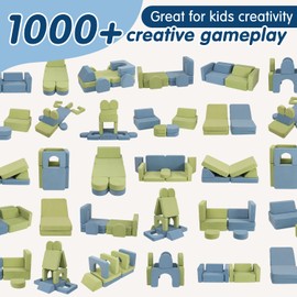 CAPAKIDS Kids Couch, Modular Kids Play Couch with 1000+ Building Options, Super Comfy Convertible Sofa for Playroom, Ideal Gift for Children，Blue/Green