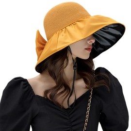Schicksal Hat Ribbon Pouch Hat, Wide Brim, Sun Protection, Straw Hat, Summer, Foldable, UV Protection, Small Face Effect, Actress Hat, yellow