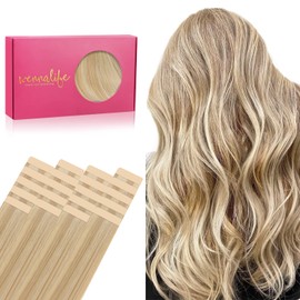 WENNALIFE Tape Real Hair Extensions, Pack of 20, 50 g, 55 cm, Light Blonde Highlights, Golden Blonde, Remy, Invisible Tape Extensions, Silky Straight, Skin Weft Tape-Ins