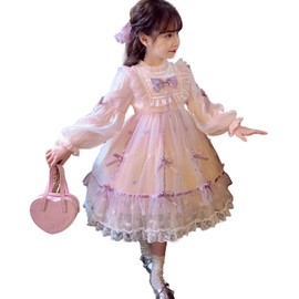 Banlan Halloween Cosplay Kids Lolita Girls Princess Dress, Bowknot, Square Neck, Long Sleeve, Flared Cuffs, Tulle Hem, Below Knee, Ruffles, Multi-Layer, Lined, Zipper, Kids, Luxurious, Cute, Party, Event Goods, School Festival, Pink, Spring, Autumn, 39.4