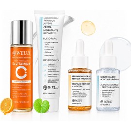 WEUD Skin Care Coreano 4 En 1 Kit, con 1 Crema Hidratante Niacinamida + 1 Tonico Hidratante 5X Vitamina C Activa + 1 Serum Centella Asiatica + 1 Serum Péptidos Propóleo, para Todo Tipo de Piel