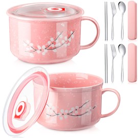 Tanlade 2 Pcs 30 oz Ceramic Soup Bowl with Lid and Handle Snow Flake Blossoms Cherry Pattern Microwave Soup Mug Instant Noodles Cup,2 Sets Stainless Utensils Fork Spoon Chopsticks with Case(Pink)