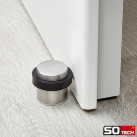 SOTECH Set of 2 Door Stoppers Floor Mounting (Diameter 36 mm, Height 32 mm, Real Stainless Steel SS201 Brushed) Floor Door Stopper with Rubber Buffer for Screwing and Gluing