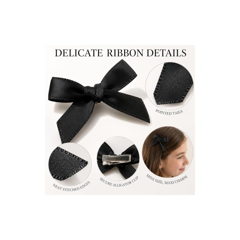 30-Pack Mini Satin Bow Hair Clips, Classic Black, Alligator Clips
