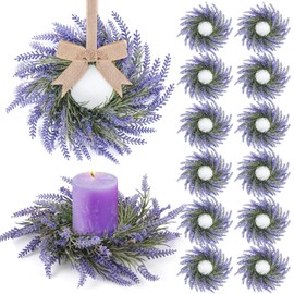 12Pcs Lavender Candle Rings Wreaths Mini Purple Wreath Table Centerpieces 3 Inch Floral Wedding Ring Wreaths Pillar Candle Holder for Spring Summer Home Door Party Decoration