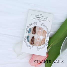 24PCS Almond Press on Nails French Tip Fake Nails with Glue Medium Oval Shape Artificial Acrylic Nails Leopard Print Design False Nails Glossy Full Cover Stick on Nails for Women Manicure