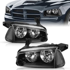 Headlight Assembly Set Replacement for 2006-2010 Dodge Charger Headlight with Coner Light Replacement OE Headlamp Driver and Passenger Side Black