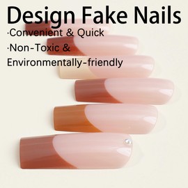 BABALAL Long Square Press on Nails Brown Fake Nails French Tip Glue on Rhinestone Acrylic Nails 24Pcs Fall Squoval Artificial False Nails for Women and Girls