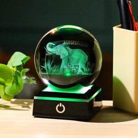 Arikyrist 3D Crystal Ball Elephant Figurine with Colorful Light Base, Laser Elephant Gifts for Women Men Elephant Lovers, Glass Elephant Statue Decorative Ball for Home Office (80mm)
