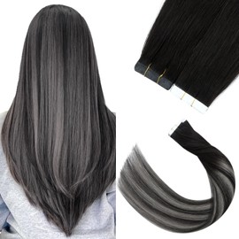 Silk-co Real Remy Tape in Straight Human Hair Extensions Balayage Seamless Tape on Hair Extension Straight Human Hair 16 Inch (10PC-25g)#1BT1BPGREY Natural Black Ombre Natural Black & Grey
