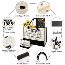 Amosking 40th Birthday Gifts for Women Canvas Tote Bag Travel Gear, Unique 40 Years Old Birthday Gifts for Mum Wife Aunt Friends Her, Vintage 1985 Handbag & Cosmetic Bag & Back in 1985 Poster