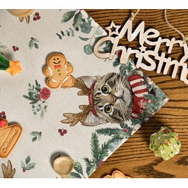 Artoid Mode Holly Eucalyptus Cat Christmas Tablecloth, Seasonal Table Linen, Winter Kitchen Table Decoration, Indoor, Holiday, Party Decor, 85 x 85 cm