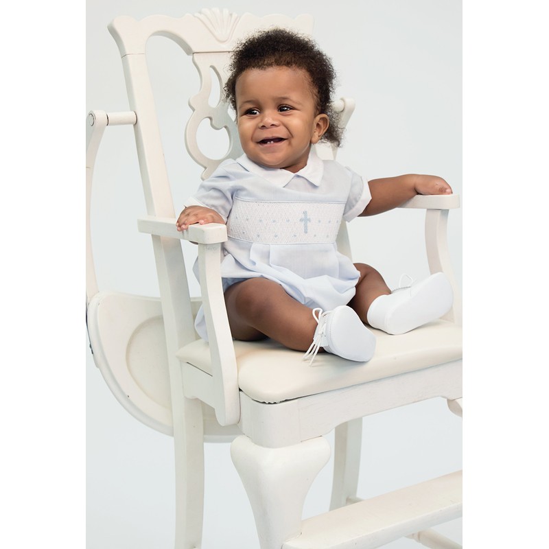 Baby Boy Hand Smocked Christening/Baptism Blue Cross Romper - White