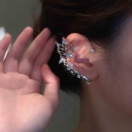 Aneneiceera Boho Crystal Butterfly Cuff Wrap Earrings Silver Crystal Ear Climber Earrings Long Rhinestone Crawler Cuff Earrings Cluster Cz Cartilage Clip on Earrings Jewelry for Women(Right)