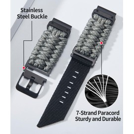 BINLUN Compatible With Garmin Watch Band 20mm 22mm 26mm, Heavy-Duty Braided 550 Paracord Nylon Sport Replacement Strap Fit for Forerunner/Fit for Instinct/for Fenix/for Descent for Men Women