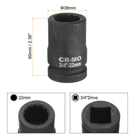 sourcing map 3/4-Inch Drive 12 Point Impact Socket 22mm Metric Spindle Axle Nut Socket Driver Wrench for Auto Repair Easy Removal