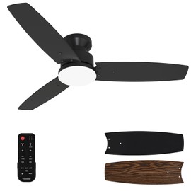Modern 42 Inch Ceiling Fans with Lights and Remote, Bedroom Living Room Office, Flush Mount, 18W 3CCT Dimmable, Dual Color 3 Blades 6 Speed Reversible Quiet DC Motor, Black/Wood Grain