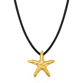 INNERDIVA Starfish Necklace with Black Leather Cord, Gold Ocean Starfish Pendant Necklace Eco-Friendly Beach Jewelry for Women Summer Boho Statement