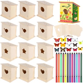 Outus 12 Pcs Wooden Birdhouse Craft Kits to Build, 4 Shapes Wooden Unfinished Bird House with Watercolor Pen and Butterfly Sticker for Boy and Girl Arts and Crafts Bulk Painting Kits (Stylish Style)