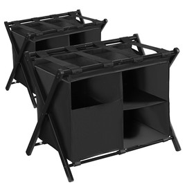Heybly Luggage Rack with Laundry Bag, Pack of 2, Steel Folding Suitcase Stand with Storage Shelf for Guest Room Bedroom & Hotel, Foldable Steel Frame, Black HLR006B2
