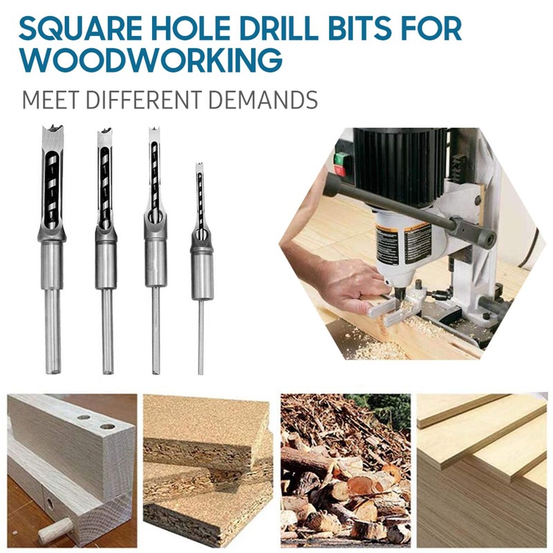 4pcs Square Hole Drill Bit Woodworking Hole Saw Mortising Chisel