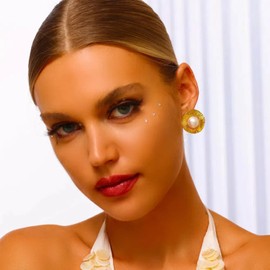 Aleasha Statement Pearl Earrings Big Gold Stud Earrings for Women White Pearl Wedding Party Prom Jewelry