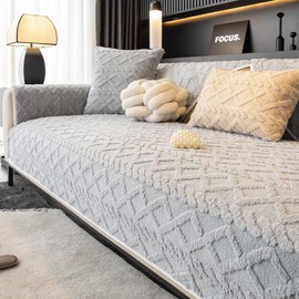 tianxinbaobei Geometric Jacquard Plush Sofa Cover,Non Slip Sectional Couch Cover,Warm Faux Fur Couch Cover(Light Grey,70x70CM/28 x28 Armrest or Backrest Cover)