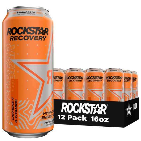 Rockstar Energy Drink with Caffeine Taurine and Electrolytes, Recovery Orange, 16 Fl Oz (Pack of 12)