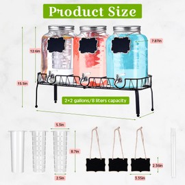 Lallisa 3 Pcs 2 Gallon Glass Drink Dispenser with Stand and Lid Mason Jar Beverage Dispenser with Stainless Steel Spigot, Hanging Chalkboard Signs, Fruit Infuse, Ice Cylinder, Liquid Pen (Silver)