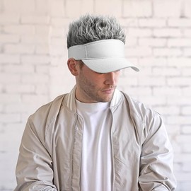 MESU Mens Visor Hat Wig Peaked Baseball Golf Cap with Fake Hair White Grey
