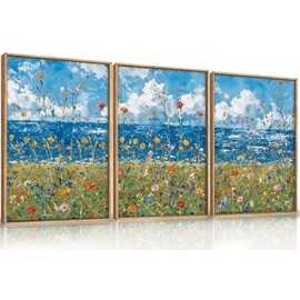 BICERE Large Nature Seaside Flowers Framed Canvas Wall Art,Coastal Wildflower Wall Decor,Abstract Floral Wall Painting,Colorful Botanical Artwork for Living Room,Bedroom,Dining Room,Office -16"x24"x3