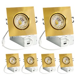 Wembanma 3 Inch Gimbal Recessed Light 8W 5CCT Selectable, 360° Rotatable Square Downlight with Junction Box, Wet Location Dimmable Wafer Lights, 3 Inch 6Pack Gold