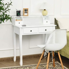 Byroce Small Writing Desk with Removable Hutch, 2-Tier Vanity Table with 4 Drawers, 3 Cubbies & Pine Wood Legs, Study Computer Desk for Bedroom Home Office (White)