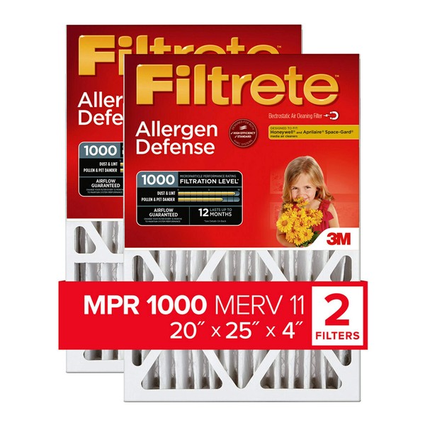 Filtrete 20x25x4, AC Furnace Air Filter, MPR 1000 DP, Micro Allergen Defense Deep Pleat, 2-Pack (actual dimensions 19.88 x 24.63 x 4.31)