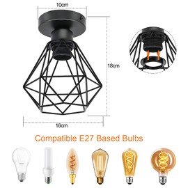 URing Pendant Light, Ceiling Lights, Retro Hanging Lamp, Wire Light, E27 Iron Cage Max 40 W, Diameter 16 cm, Vintage Lampshade Interior Lighting for Hallway, Study, Kitchen, Office, Bedroom, Black,