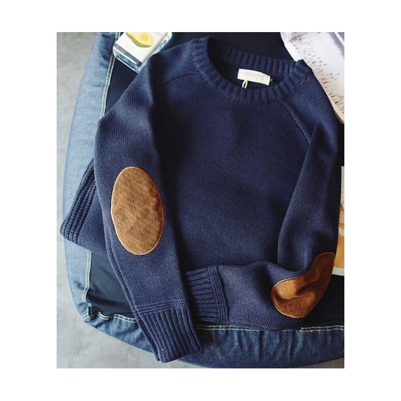 Aspersio Men's Elbow Patch, Loose Knit, Round Neck, Sweater, Long