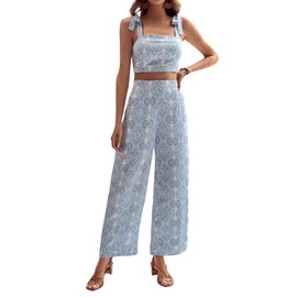 Floerns - Conjunto de 2 piezas para mujer, estilo bohemio, floral, sin mangas, pantalones de pierna ancha, conjuntos de día festivo, color azul claro, Azul/claro, M