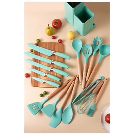 19 Pcs Kitchen Cooking Utensils and Knife Set with Block, Include 11 Pcs Silicone Cooking Utensils Set 5 Pieces Sharp Stainless Steel Chef Knives Scissors Whisk Tongs and Cutting Board (Teal)