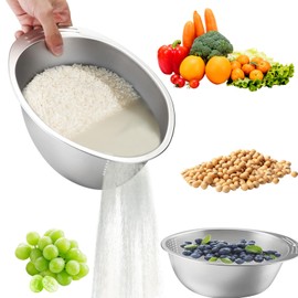 2pcs Rice Washing Bowl Stainless Steel Rice Rinser Strainer Large Capacity with Side Drainer (style1)