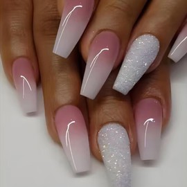 Pink Press on Nails Medium Coffin Fake Nails SWEKKE Pink Gradient Full Cover White Glitter False Nails with Designs Glossy Stick on Nails Acrylic Nails Manicure Artificial Nails for Women Girls 24Pcs