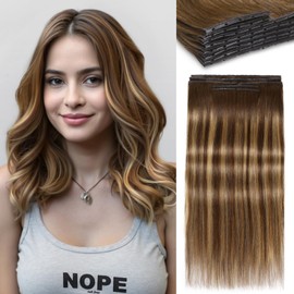 LADY MIRANDA Double Weft Hair Extensions Human Hair 100G 14 Inch Brown Highlights Honey Blonde Invisible PU Human Hair Extensions 8PCS Long Genius Weft with Micro Beads(T4/27, 14 Inch)