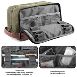 Seemeroad Travel Toiletry Bag for Men and Women, Canvas Toiletry Organizer Water-Resistant Vegan Leather, Hanging Dopp Kit Shaving Bag for Toiletries Accessories (Army Green, Large)
