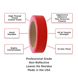 ChromaLabel Non-Reflective Multi Purpose Professional Grade Gaffer Tape Matte Finish, 15 Yards Per Roll, 1 Inch, Red